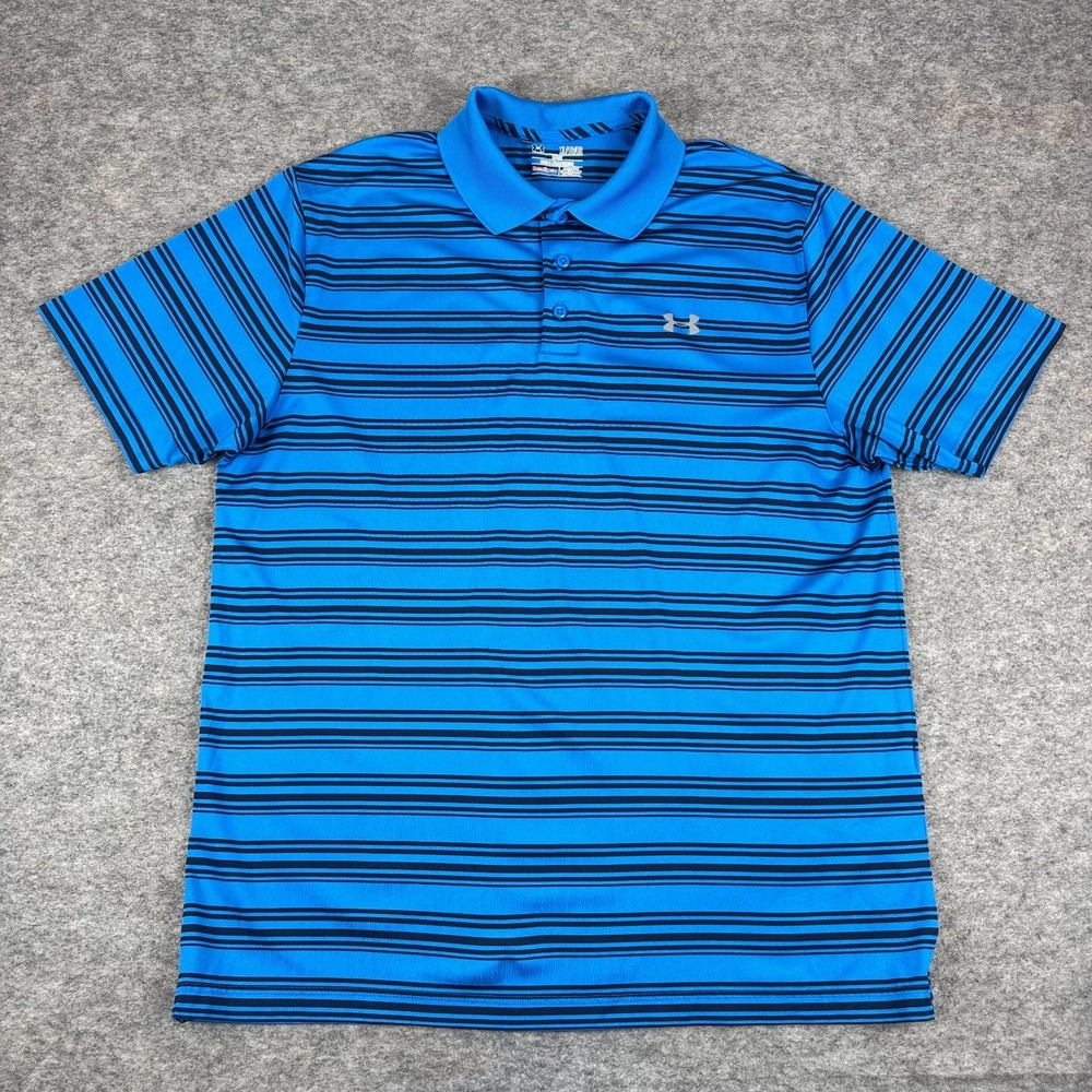 Under Armour HeatGear Polo Shirt Striped Loose Blue Golf Mens XL